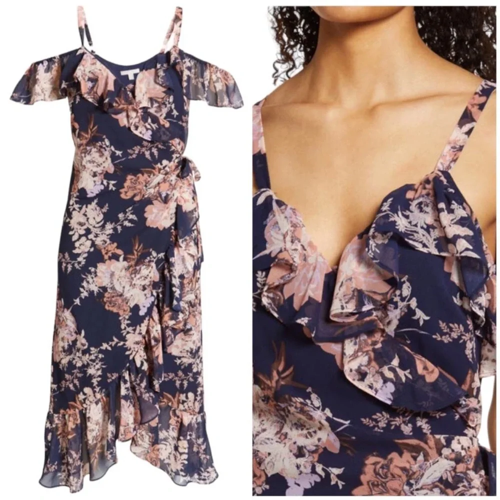 Chelsea28 Floral Ruffle Wrap Midi Dress Navy Romantic Cottagecore